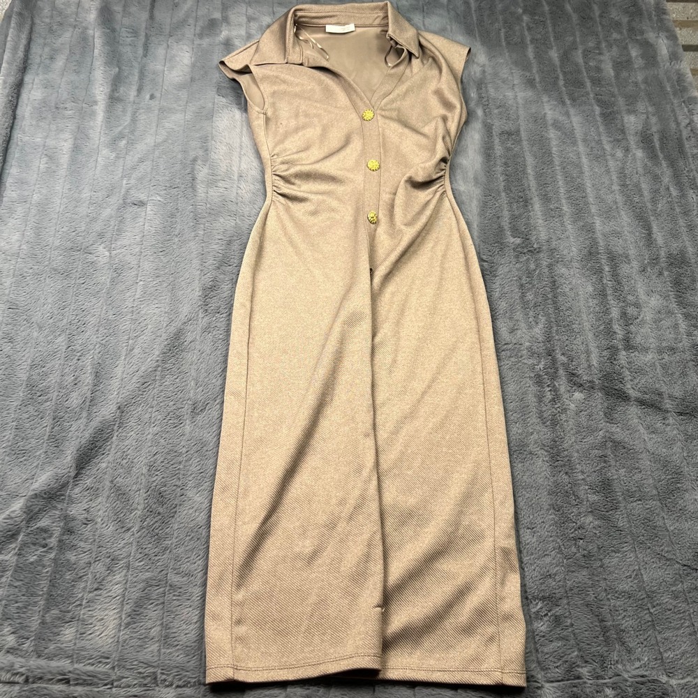 Zara Women Taupe Tan Ribbed Ruched Midi Dress Gold Buttons Sleeveless Small